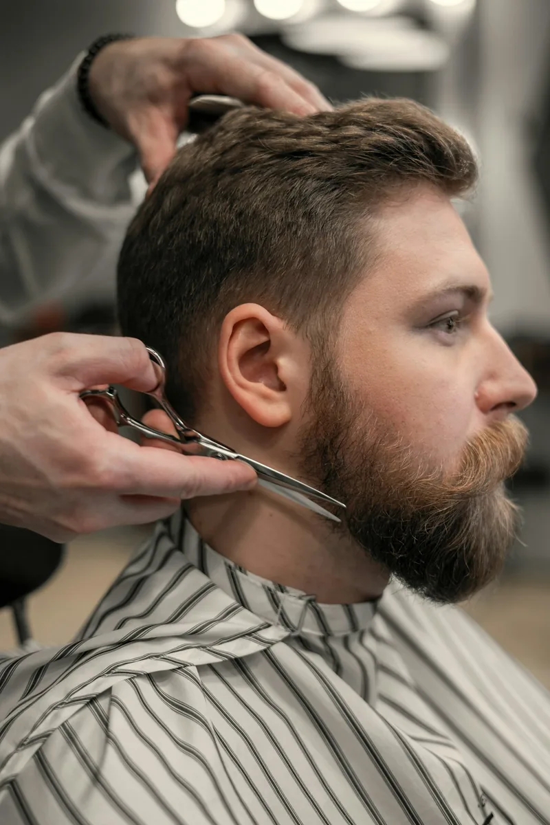 Barbero perfilando la barba de un cliente con tijera
